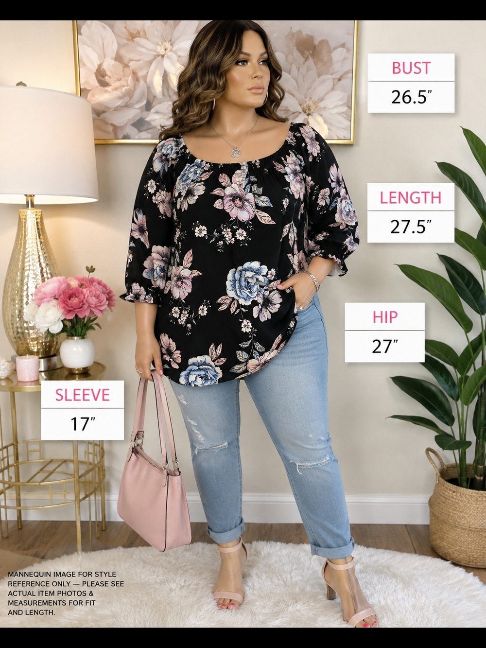 Miss Lili 2X Black Floral 3/4 Sleeve Peasant Blouse Smocked Neckline